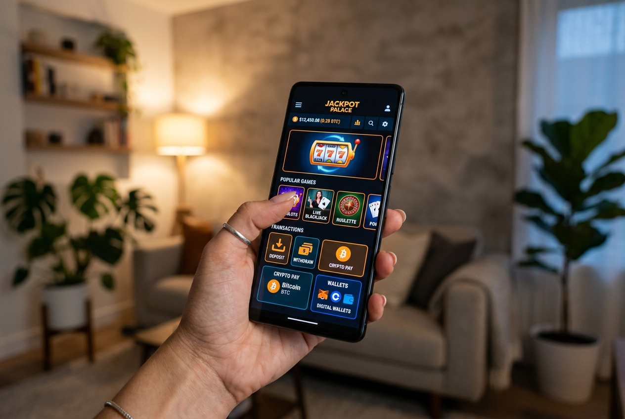 A modern online casino interface on a smartphone screen showing digital payment icons