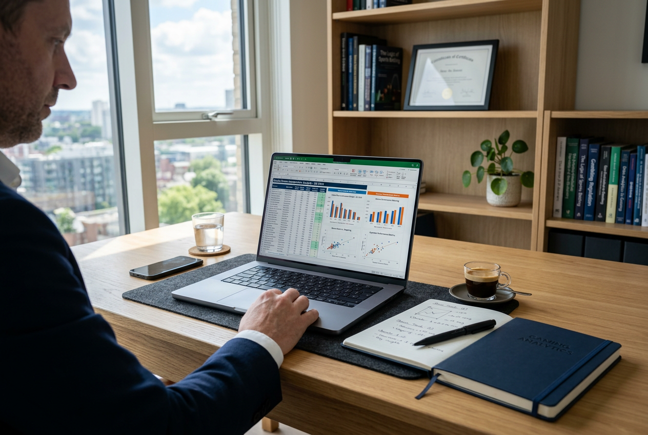 A professional reviewer's workspace with a laptop and analytical data on the screen